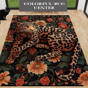Jaguar Rug,Jungle Rug,Floral Pattern Rug,Animal Rug,Minimalist Rug,Living Room,Area Rug,Big Cat Rug,Home Decor,Tiger Rug,Bold Jaguar Art Rug