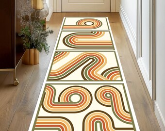 May include: Retro-style hallway runner rugs with a cream background and a repeating pattern of curved lines in shades of orange, brown, and green. The rugs are rectangular and placed in a row, creating a cohesive design.