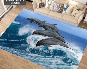 3D Dolphin Area Rug: Nautical Ocean Theme, Living Room Decor