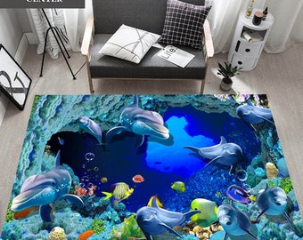 3D Dolphin Area Rug: Nautical Ocean Theme, Living Room Decor