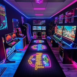 Könnte beinhalten: Ein Neon-Arcade-Raum mit blauen und rosa Lichtern. Der Raum verfügt über Spielautomaten, Computer-Setups und Poster. Ein schwarzer Teppich mit einem Flipper-Design verläuft in der Mitte. Das Gesamtthema ist Retro-Gaming.