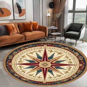 Compass Rose Round Rug: Nautical Medallion, Yacht Decor