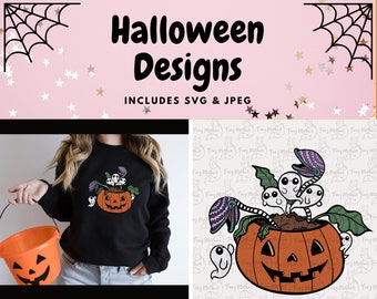 Ghost and Halloween pumpkin svg t-shirt sublimation designs, Halloween party sweatshirt design, Venus fly trap