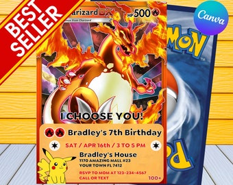 Faire-part d'anniversaire Pokémon | Faire-part d'anniversaire pour enfants | Invitation Pokemon personnalisée aux États-Unis ou modifiable instantanément, invitation à une fête Pokemon