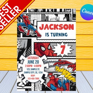 スパイダーマンの誕生日招待状 | 米国でパーソナライズまたは即時編集可能なスパイダーマンの誕生日招待状 | デジタルテンプレート