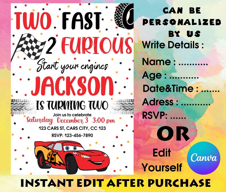 Cars Birthday Invitation Kids Birthday Invitation Etsy