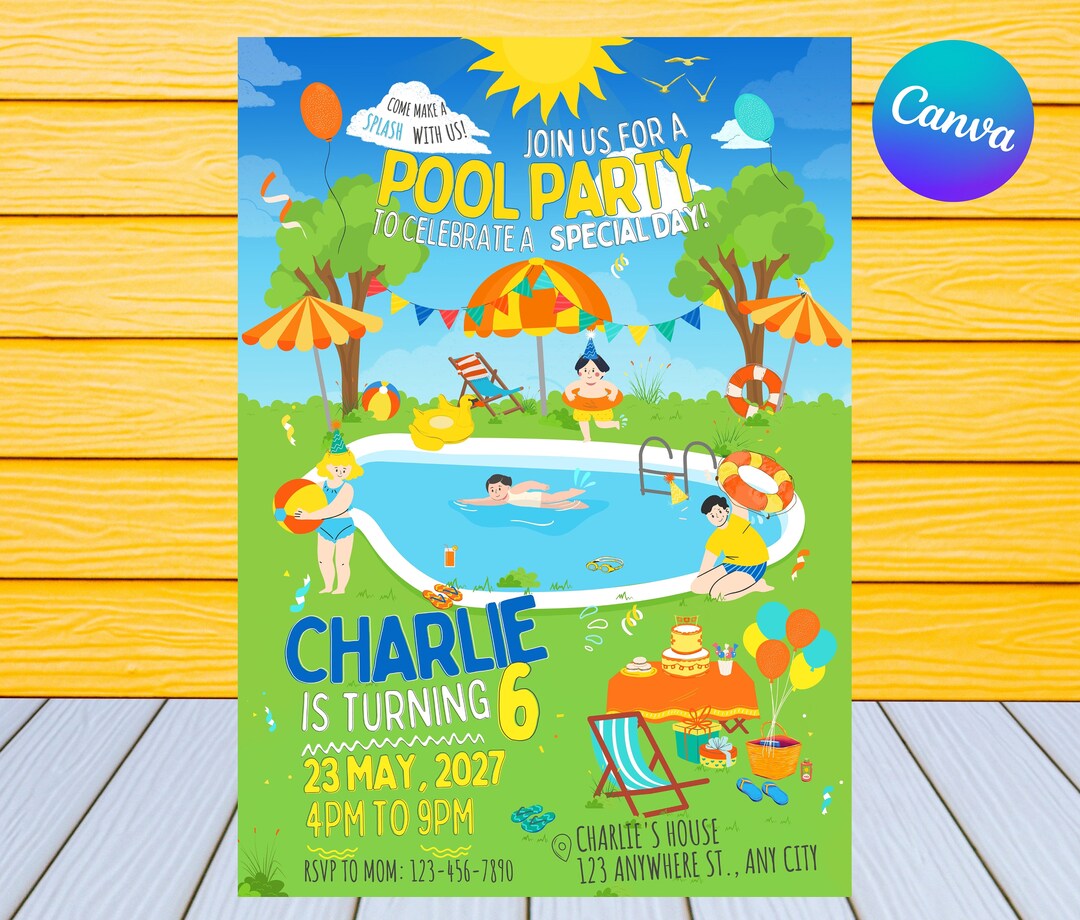 Pool Party Birthday Invitation Personalized by US or Instant Editable Pool Party Birthday