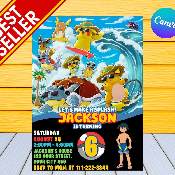 Pokemon Pool Party Birthday Invitation | Personalized by US or Instant Editable Pokemon Pool Party Birthday Invitation | Digital Template