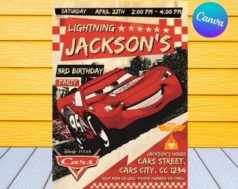 May include: A red and black birthday party invitation featuring Lightning McQueen from the Disney Pixar Cars movie. The invitation says "Lightning Jackson's 3rd Birthday Party" and includes the date, time, and location of the party.