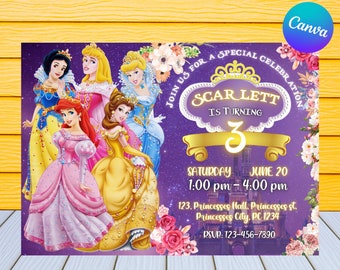 Princess Birthday Invitation | Kids Birthday Invitation | Editable Princesses Birthday Invitation | Princesses Party Invite