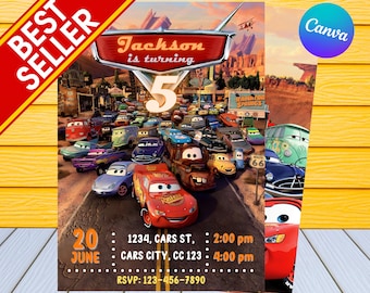 May include: A Cars-themed birthday party invitation with a red race car, a large number 5, and the text "Jackson is turning 5". The invitation includes details for the party, including the date, time, and location.