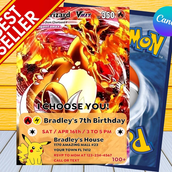 Faire-part d'anniversaire Pokémon | Faire-part d'anniversaire pour enfants | Invitation Pokemon personnalisée aux États-Unis ou modifiable instantanément, invitation à une fête Pokémon