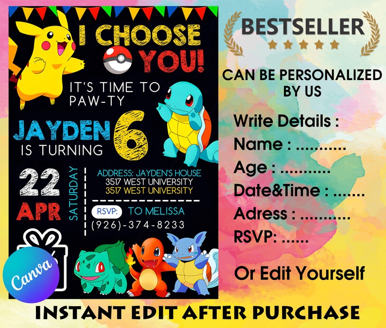 Pokemon Birthday Invitation Kids Birthday Invitation Personalized by US or Instant Editable Pokemon Invitation Pokemon Party