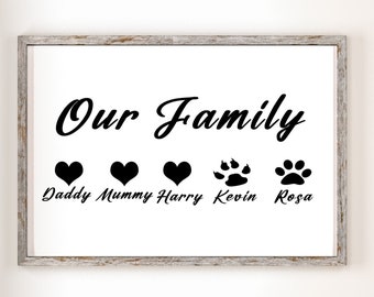 Digital Personalised 'Our Family' Print | With Names and Dog/Cat/Animal Paw Prints | A3 A4 A5 Wall Art Print | Home Decor | Family Gifts