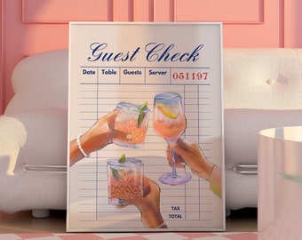 Cocktailtryck med gästcheck, trendig väggkonst, väggkonst med gästcheck, dekorationer med barvagn, trendig utskrivbar konst, preppy cocktailtryck