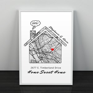 Primo regalo per la nuova casa per una coppia Poster con mappa a forma di casa Mappa della città personalizzata Cornice con stampa artistica Tela Regalo di anniversario personalizzato per Lui Lei
