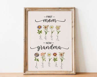 Custom First Mom Now Grandma Gift, Grandma&#39;s Garden Sign, Mother&#39;s Day Gift For Grandma, Birth Month Flower Prints, Family Flower Painting