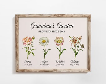 Grandma's Garden Sign, Mother's Day Gift For Grandma, Personalized Birth Month Flower Prints, Family Flower Painting, Gift From Grandkids