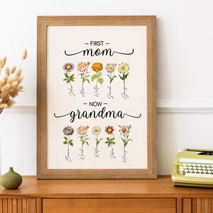 May include: A framed print with the text "First Mom - Now Grandma" and a floral design. The flowers are labeled with names like "John", "Alice", "Emma", and "Nate".