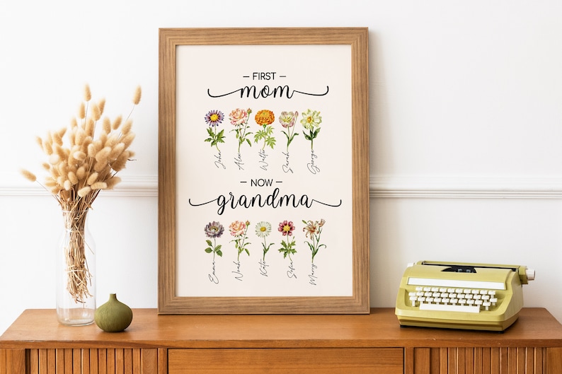 May include: A framed print with the text "First Mom - Now Grandma" and a floral design. The flowers are labeled with names like "John", "Alice", "Emma", and "Nate".