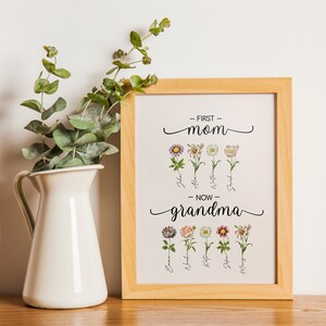 May include: A framed print with a floral design and the text "First Mom - Now Grandma". The print features a row of flowers with names written below each flower. The frame is light brown wood.