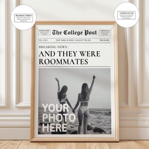 May include: A black and white photograph of two women in swimsuits standing on a beach with their arms raised in the air. The photo is framed in a gold frame and has the text "The College Post" at the top. The text "BREAKING NEWS: AND THEY WERE ROOMMATES" is below the title. The text "YOUR PHOTO HERE" is in the centre of the photo.