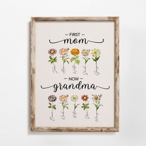 May include: A framed print with the text "First Mom" and "Now Grandma" with floral illustrations and names of children below each flower.