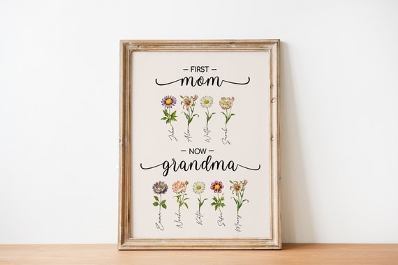 Custom First Mom Now Grandma Gift, Grandma's Garden Sign, Mother's Day Gift For Grandma, Birth Month Flower Prints, Family Flower Painting