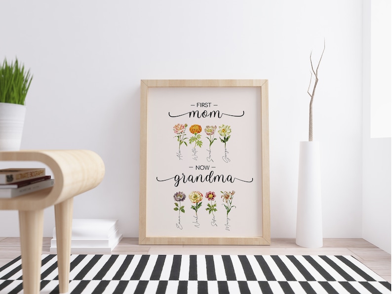 May include: A framed print with the text "First Mom - Now Grandma" and floral illustrations. The flowers are labeled with names like "Alexa", "Katie", "Sarah", and "Gregory".