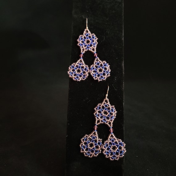 Vintage Purple and Blue Beaded Lace Dangle Earrin… - image 1