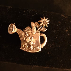 Vintage Mary Engelbreit Silver Watering Can with Flowers Pin or Brooch