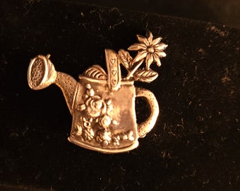 Vintage Mary Engelbreit Silver Watering Can with Flowers Pin or Brooch