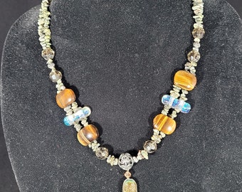 Vintage artsy multi stone bead necklace with glazed pendant