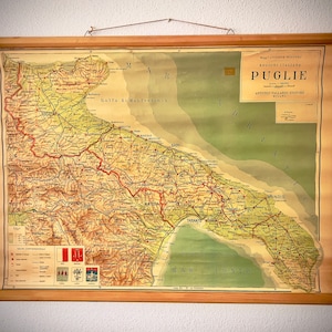 Antike Vintage Pull-Down-Karte der italienischen Region Puglie (1950er Jahre) / seltenes Objekt