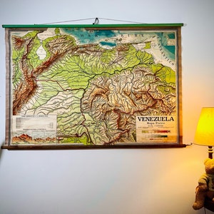 Bella antica mappa vintage pull down del Venezuela (anni '50) / oggetto raro