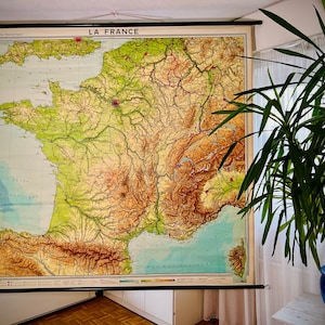 Fantastica grande mappa abbattibile antica della Francia (anni '60) / oggetto raro.