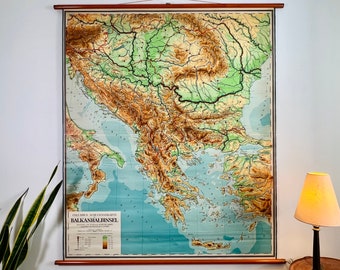 Large antique pull down map of the Balkan Peninsula (1960’s) / rare item.