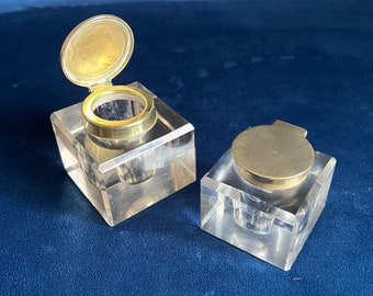 Antique brass and glass square inkwells