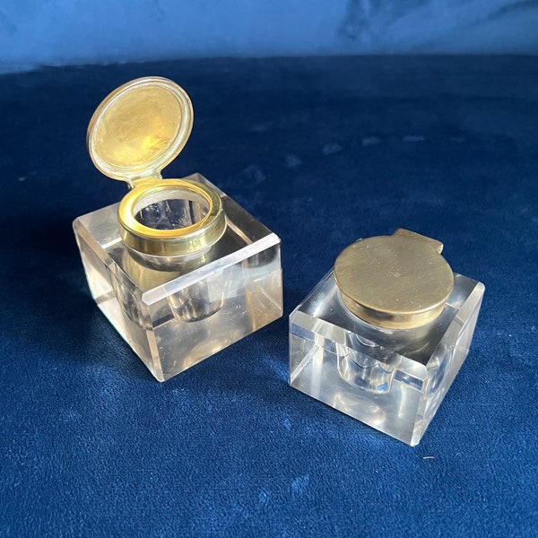 Antique brass and glass square inkwells