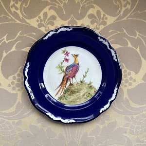 Vintage cobalt blue plate hand painted golden pheasant by Joan Walker