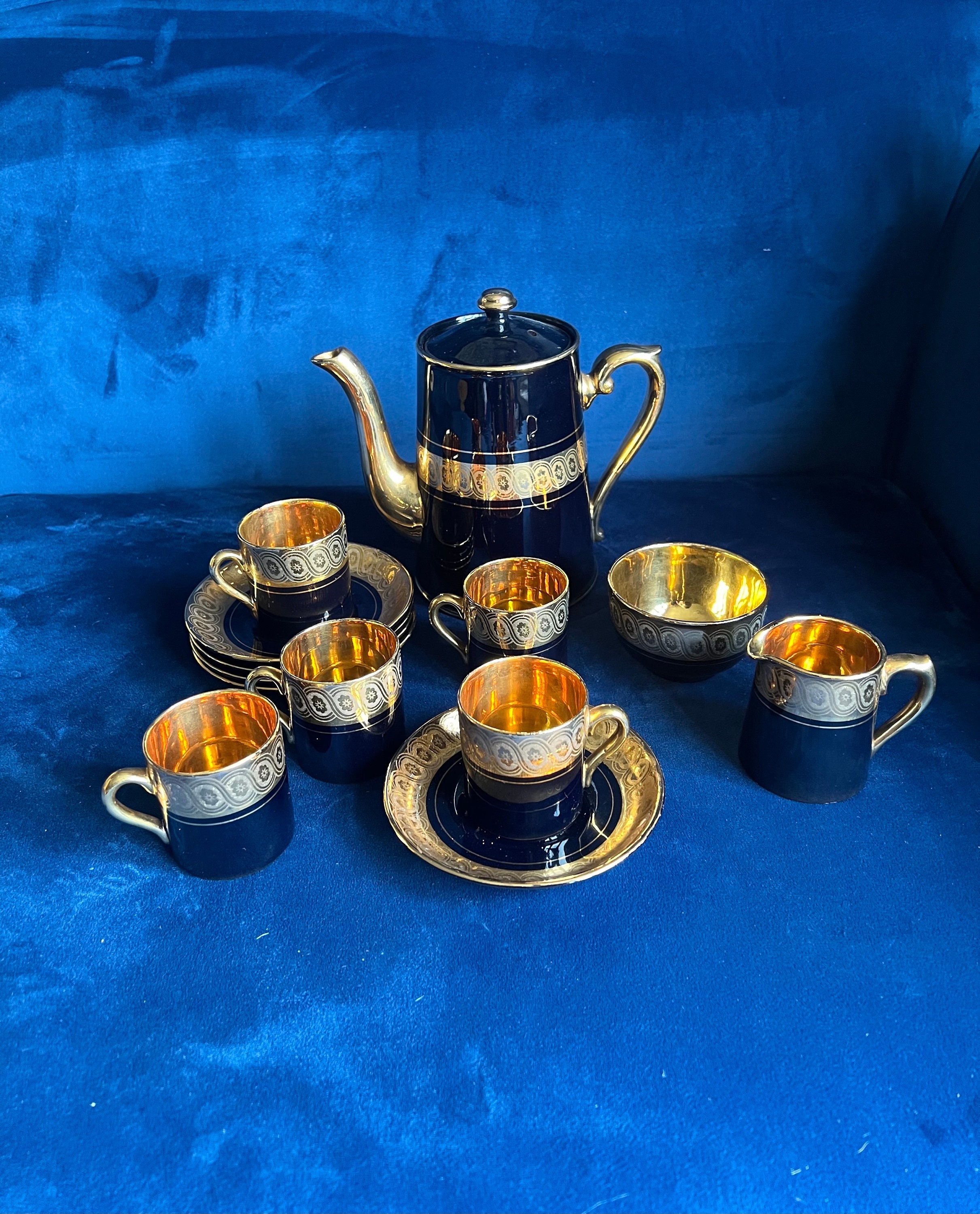 Antique Gibson & Sons Sevres Coffee Set in Black and Gold 13