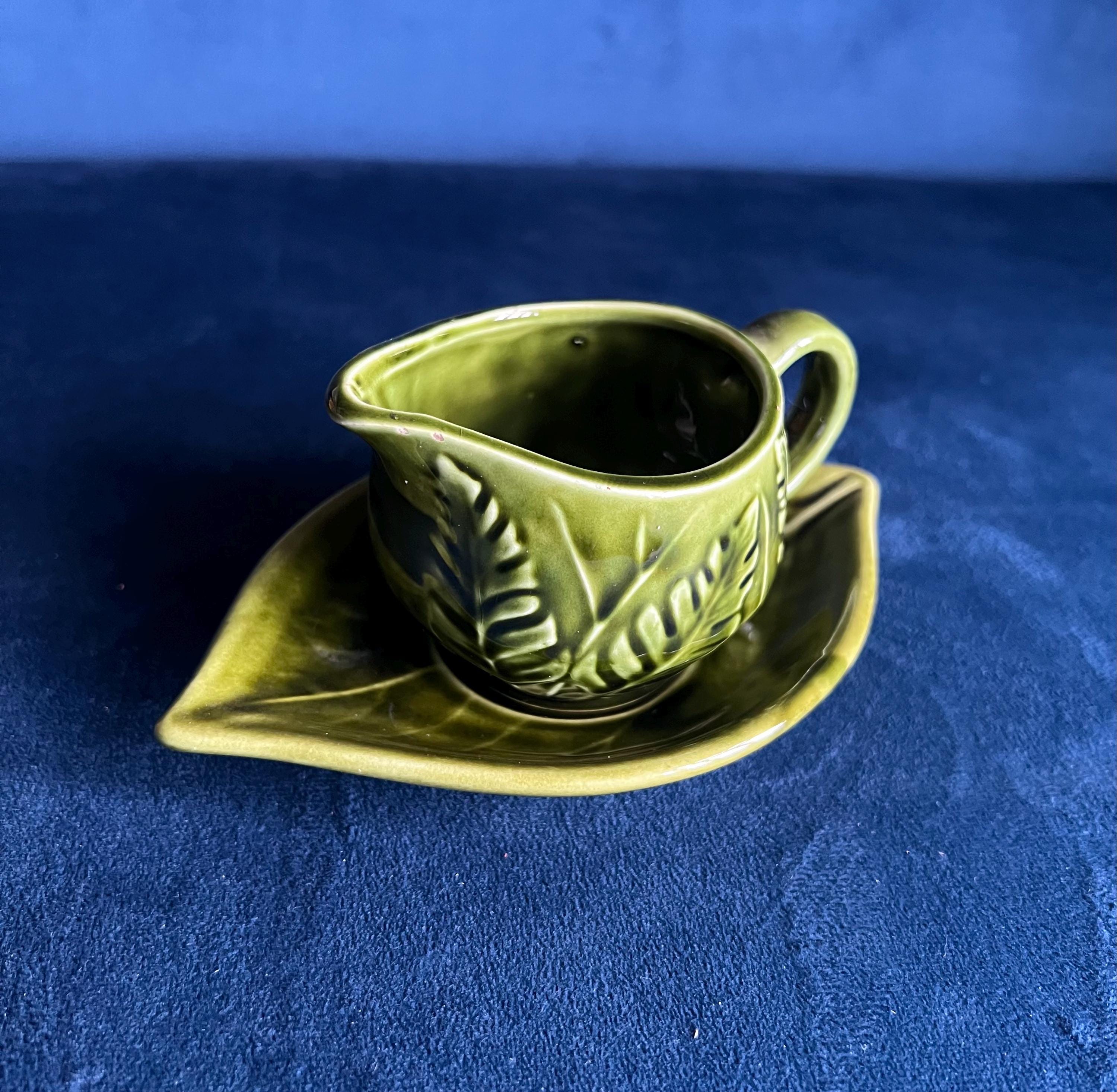 Vintage green majolica mint sauce jug and plate, cabbage leaf style