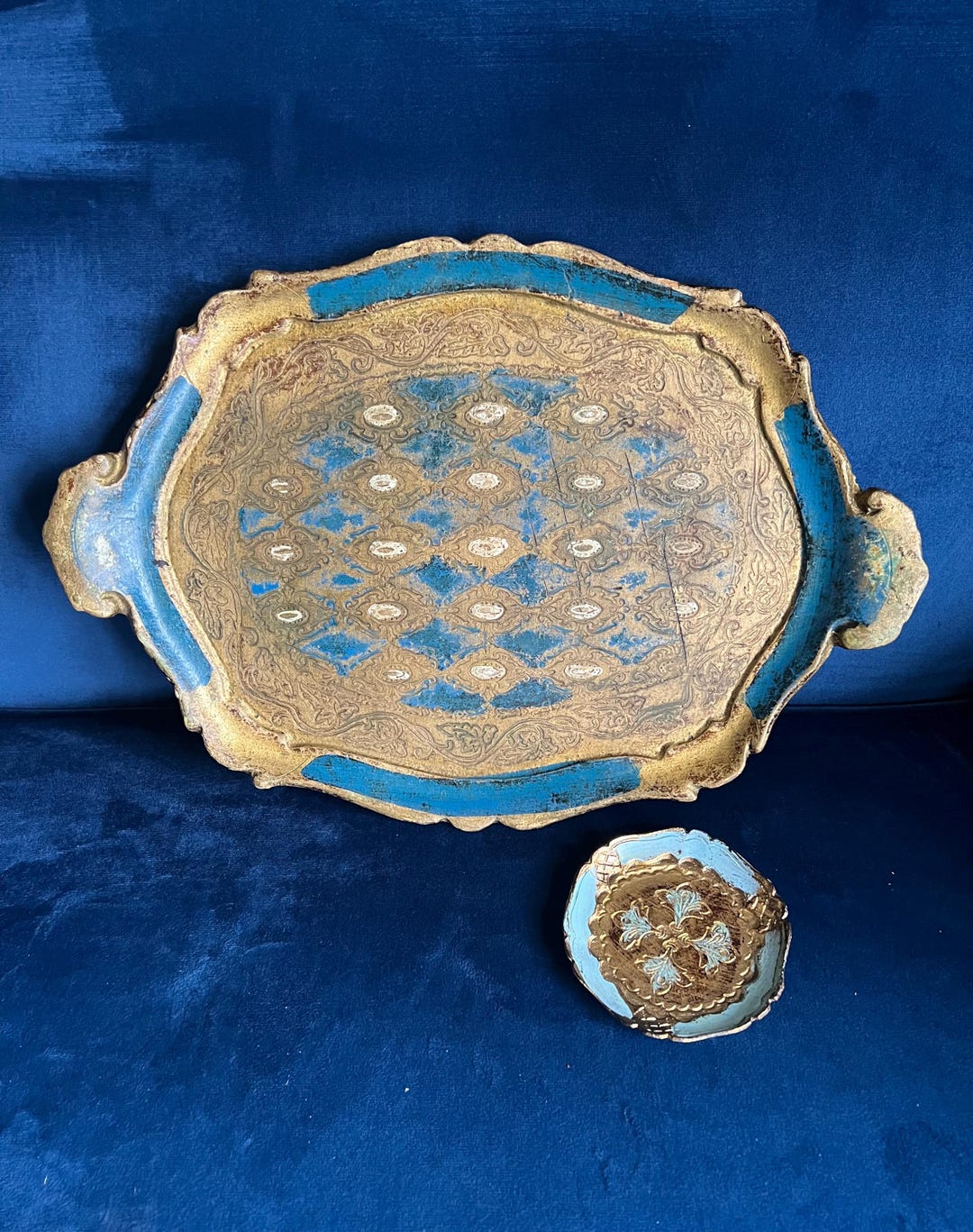 Vintage Florentine Tray or Coaster in Gold and Blue - Etsy