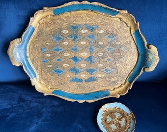 Round Wooden Florentine Tray in Gold and Turquoise - Etsy