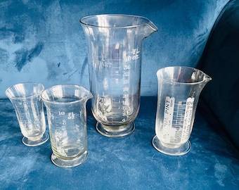Antique etched glass measuring jugs Victorian hand blown and hand engraved