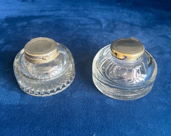 Antique brass and glass round inkwells