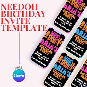 Peut inclure: Un modèle d'invitation d'anniversaire avec le texte "NEEDOH BIRTHDAY INVITE TEMPLATE" en rouge. L'image présente plusieurs maquettes de téléphones affichant une invitation d'anniversaire avec le texte "ARIA'S BIRTHDAY PARTY". Le logo Canva est également présent.