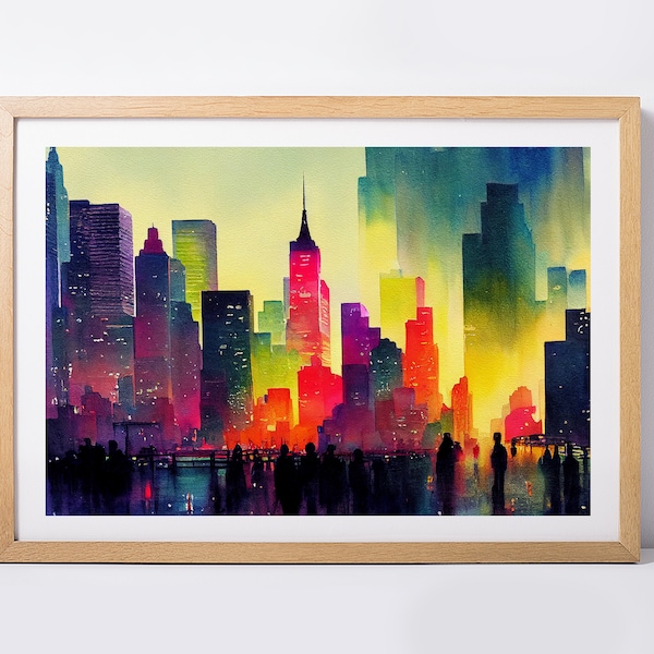 Printable Semi Abstract Night time City scape | Instant Digital Download | City Skyline | Downloadable | Bright and Colorful