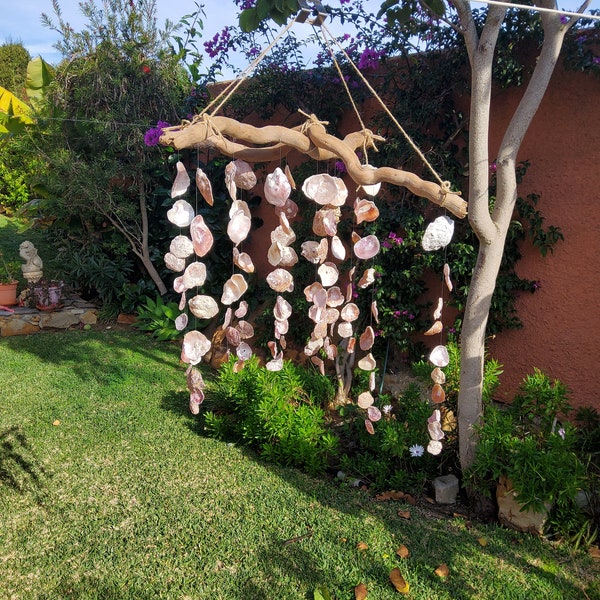 Pink shell wind chime, wind mobile, driftwood and shell, beach, eco decoration, unique design, unique shell item