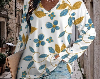 Boho Floral V-Neck Long Sleeve Top: Women's Casual T-Shirt